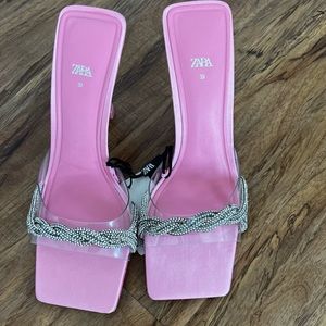 NWT Zara Pink Satin Clear Rhinestone Mules